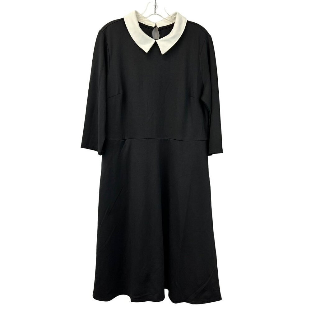 Girl with Curves Women’s 3/4 Sleeve Collared A-Line Midi Dress Black/Ivory LP